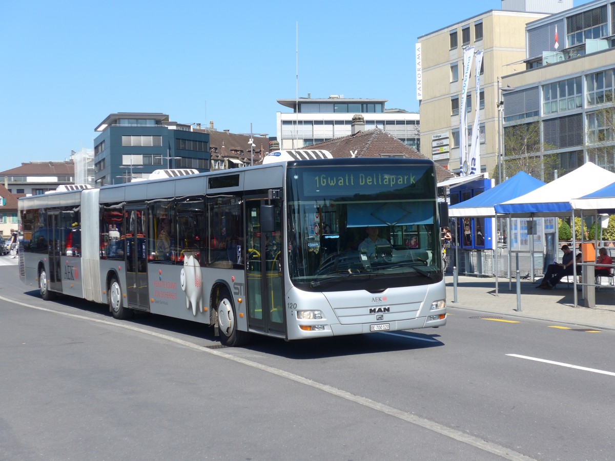 (159'951) - STI Thun - Nr. 120/BE 700'120 - MAN am 24. April 2015 beim Bahnhof Thun