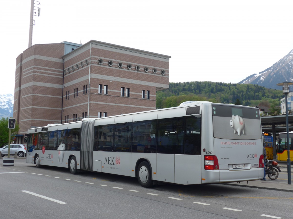 (159'966) - STI Thun - Nr. 120/BE 700'120 - MAN am 25. April 2015 beim Bahnhof Spiez