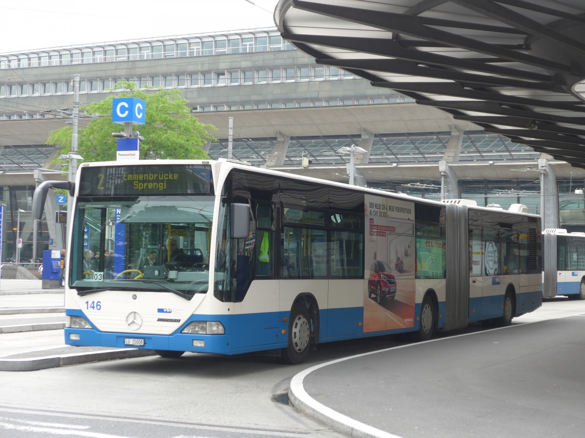 (160'582) - VBL Luzern - Nr. 146/LU 15'008 - Mercedes (ex Heggli, Kriens Nr. 708) am 22. Mai 2015 beim Bahnhof Luzern