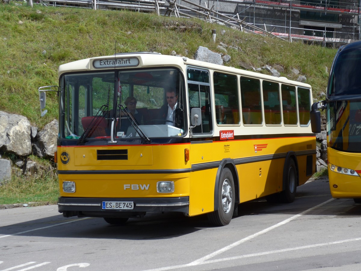 (163'233) - Aus Deutschland: Fischer, Weilheim - ES-BE 745 - FBW/Hess (ex Tiemann, Oetwil Nr. 21; ex Roki, Heimberg; ex P 23'421) am 2. August 2015 in Schwgalp, Sntis-Schwebebahn