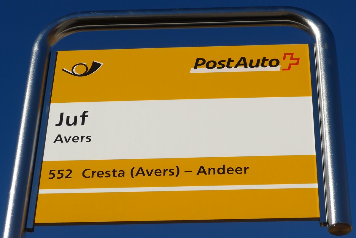 (168'063) - PostAuto-Haltestellenschild - Avers, Juf - am 29. Dezember 2015