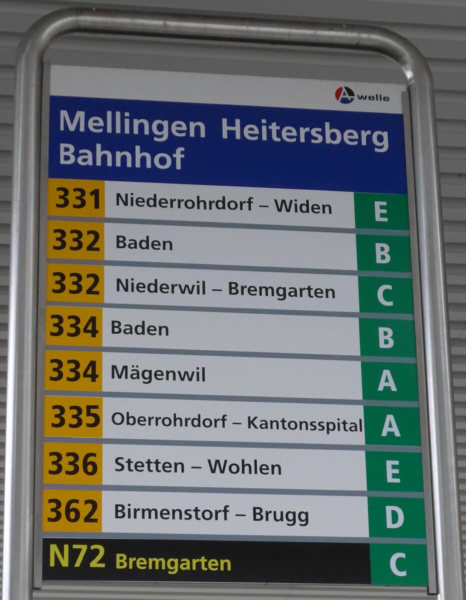 (168'143) - A-welle/PostAuto-Haltestellenschild - Mellingen-Heitersberg, Bahnhof - am 30. Dezember 2015