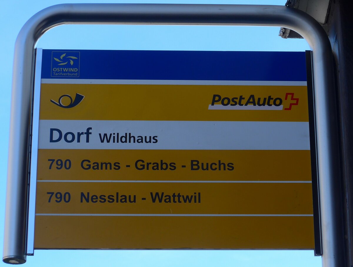 (168'952) - PostAuto-Haltestellenschild - Wildhaus, Dorf - am 27. Februar 2016