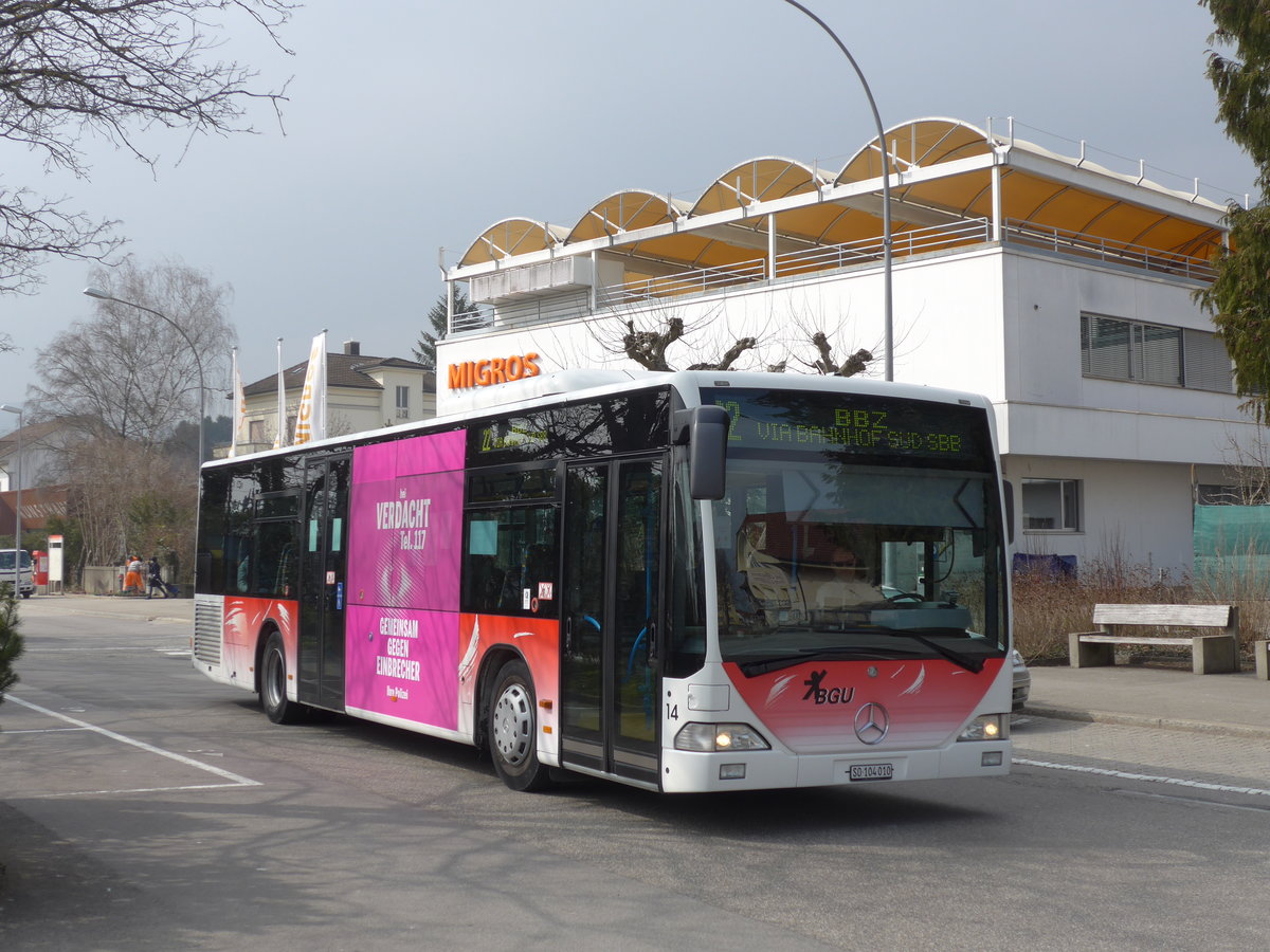 (169'388) - BGU Grenchen - Nr. 14/SO 104'010 - Mercedes am 21. Mrz 2016 beim Bahnhof Grenchen Sd