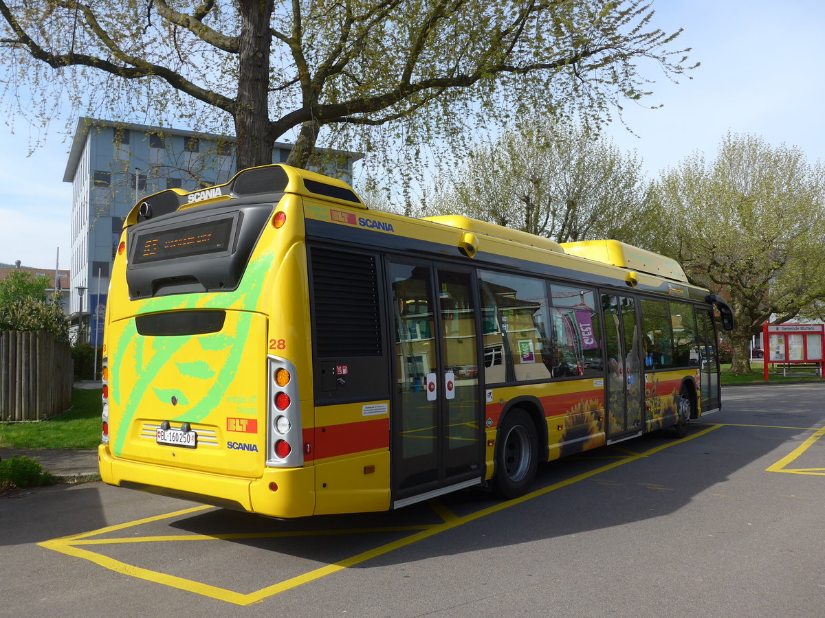 (170'268) - BLT Oberwil - Nr. 28/BL 160'250 - Scania am 30. April 2016 beim Bahnhof Muttenz