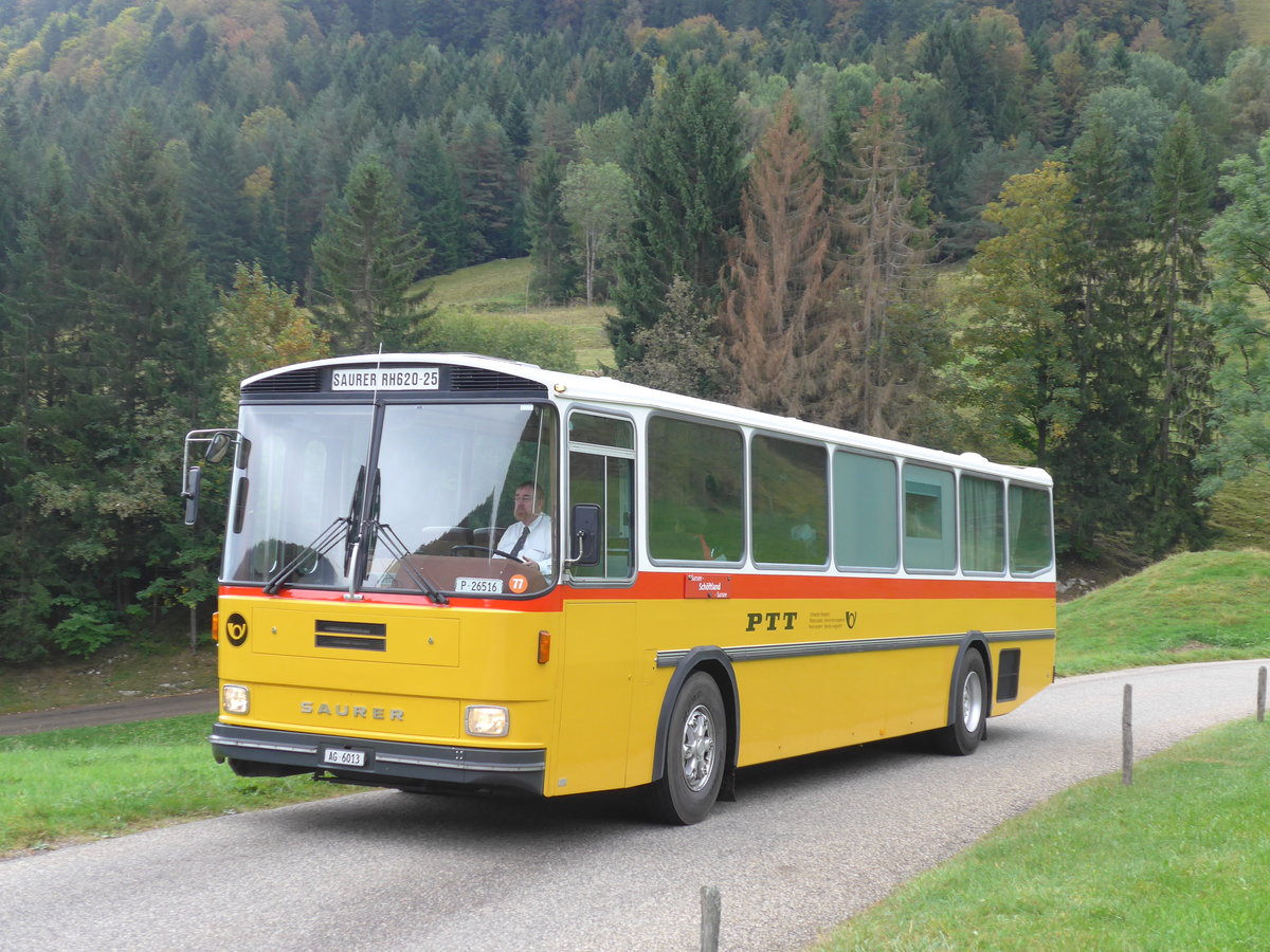 (175'338) - Gloor, Staufen - AG 6013 - Saurer/Hess (ex ALMAT, Tagelswangen; ex P 26'516) am 2. Oktober 2016 am Scheltenpass (Solothurnerseite)