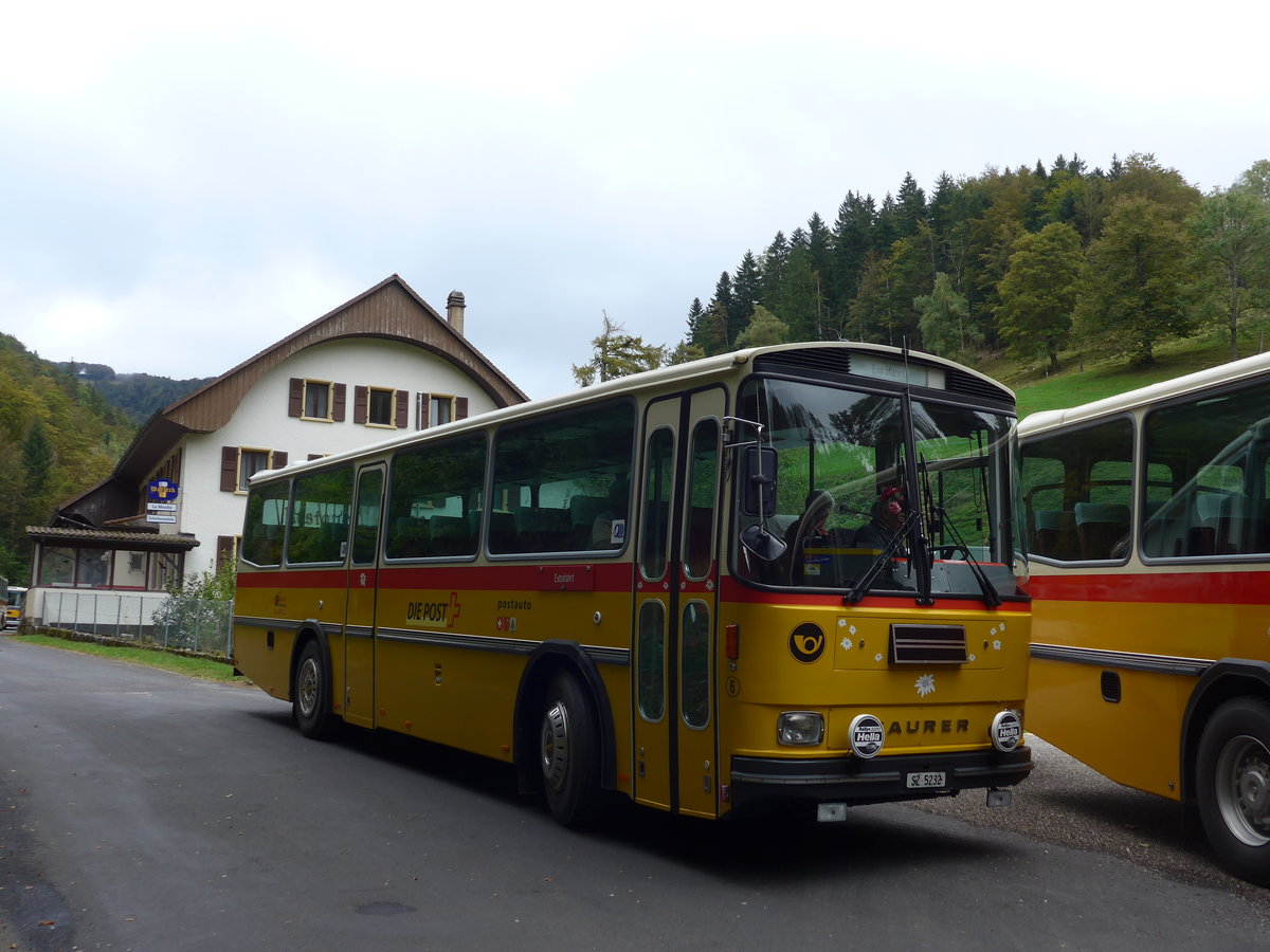 (175'361) - Fssler, Unteriberg - Nr. 6/SZ 5232 - Saurer/R&J (ex Schrch, Gutenburg Nr. 6; ex P 24'358) am 2. Oktober 2016 in Schelten, Restaurant Scheltenmhle