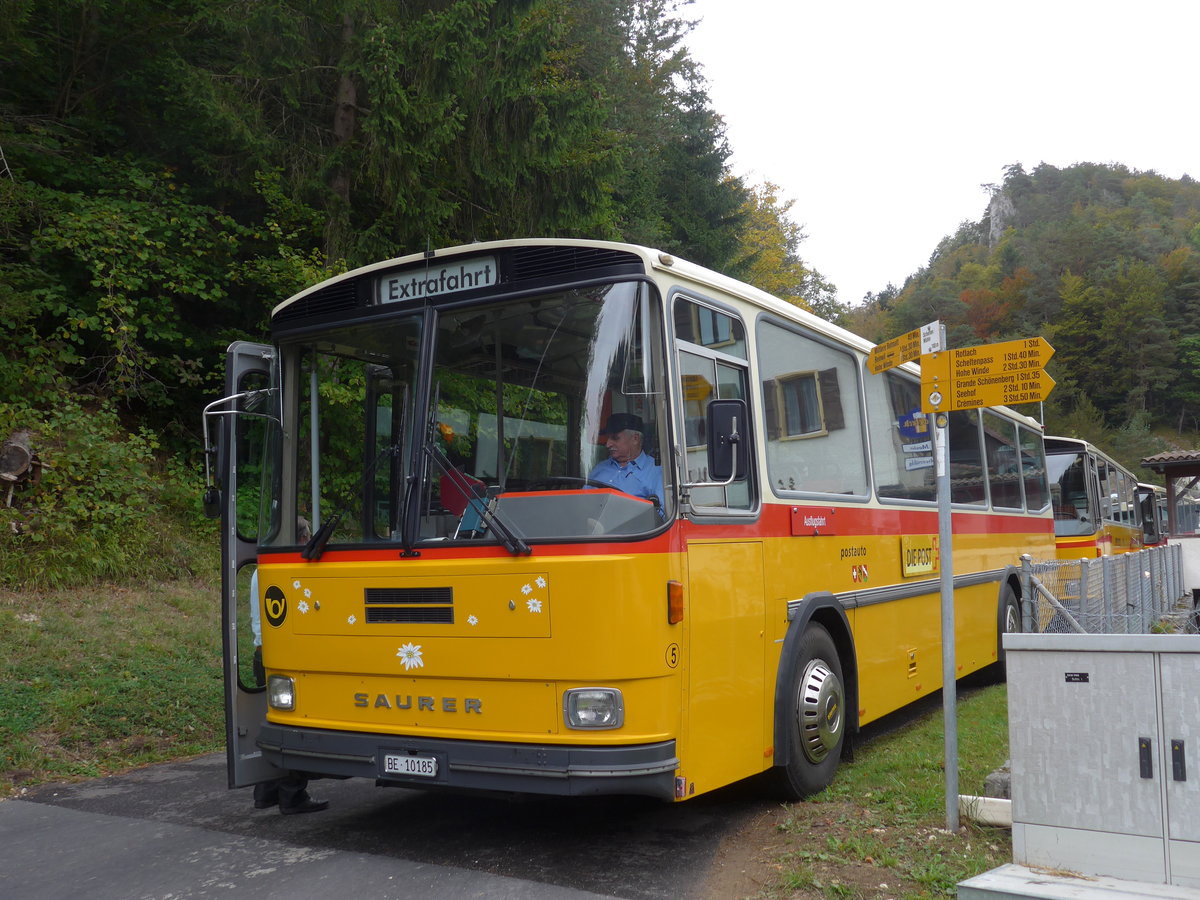 (175'366) - Wthrich, Ursenbach - Nr. 5/BE 10'185 - Saurer/Tscher (ex Schrch, Gutenburg Nr. 5; ex Engeloch, Riggisberg Nr. 5; ex P 25'668) am 2. Oktober 2016 in Schelten, Restaurant Scheltenmhle