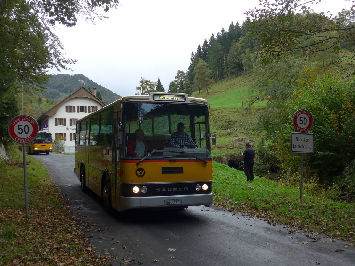 (175'374) - Aebi, Koppigen - Nr. 11/BE 144'361 - Saurer/Lauber (ex Leuenberger, Kirchberg; ex Niederer, Filzbach Nr. 11) am 2. Oktober 2016 in Schelten, Restaurant Scheltenmhle