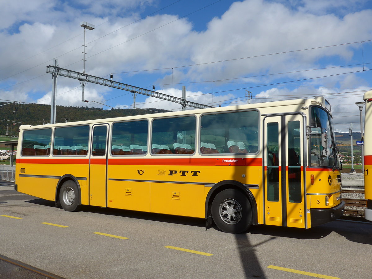 (175'387) - Kolb, Grasswil - Nr. 3/BE 93'915 - Saurer/R&J (ex Schmocker, Stechelberg Nr. 3; ex Nr. 1; ex Gertsch, Stechelberg Nr. 1) am 2. Oktober 2016 beim Bahnhof Glovelier