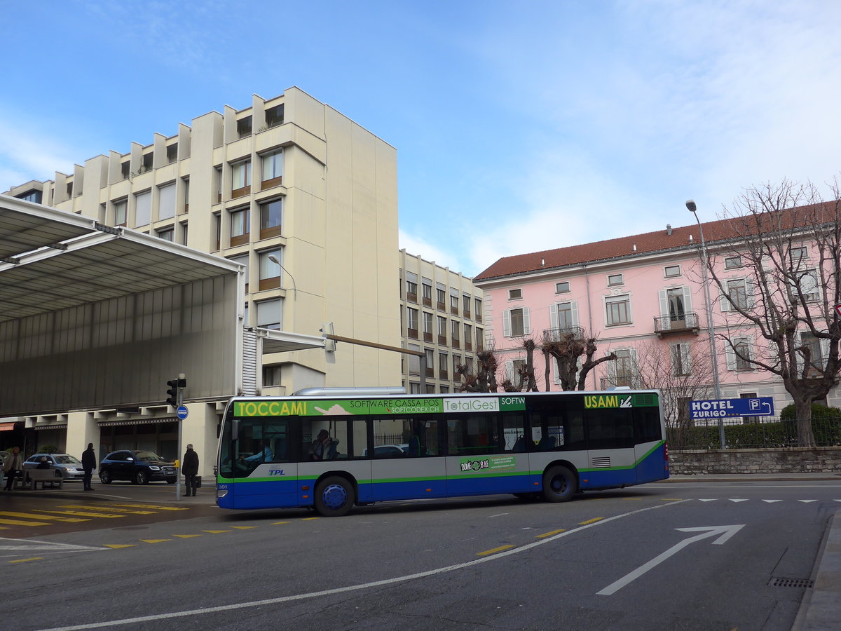 (178'300) - TPL Lugano - Nr. 301/TI 207'001 - Mercedes am 7. Februar 2017 in Lugano, Centro