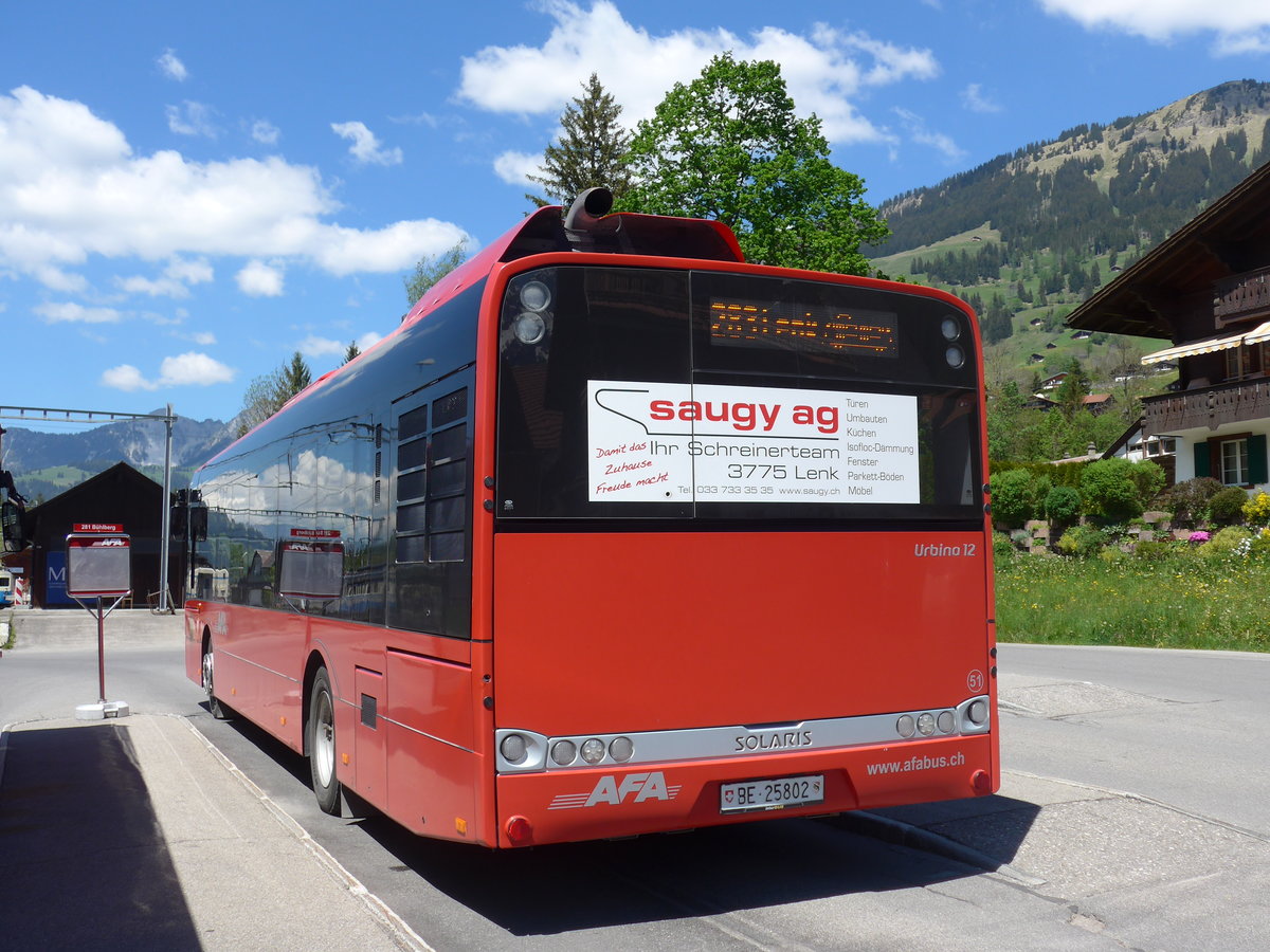 (180'791) - AFA Adelboden - Nr. 51/BE 25'802 - Solaris am 26. Mai 2017 beim Bahnhof Lenk