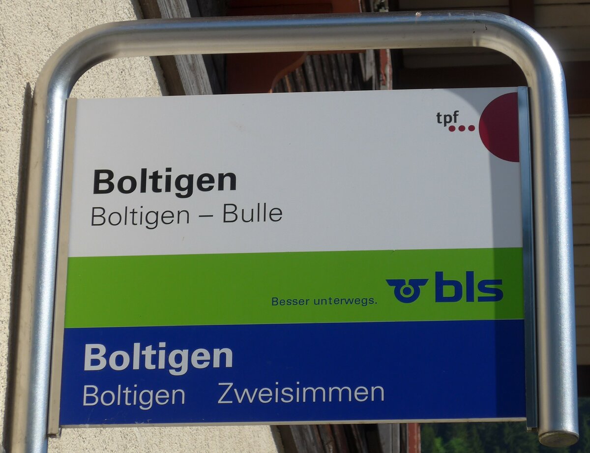 (180'802) - bls/tpf-Haltestellenschild - Boldtigen, Bahnhof - am 26. Mai 2017