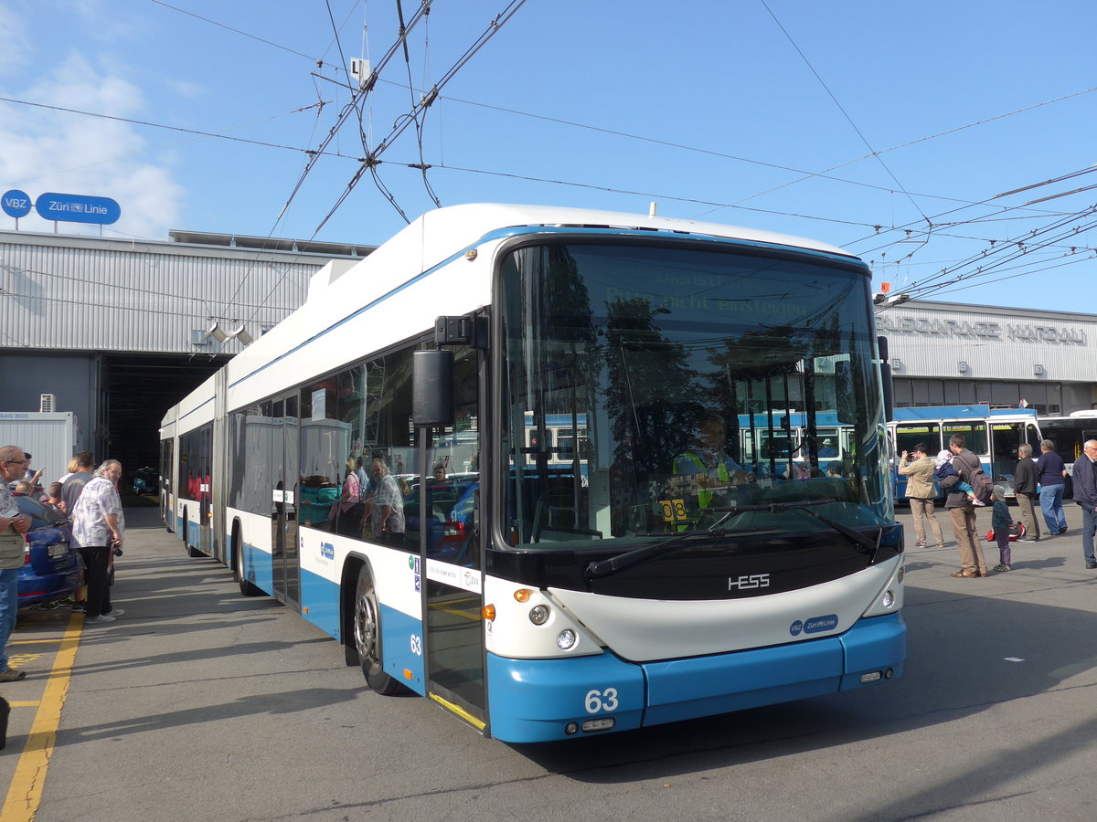 (183'684) - VBZ Zrich - Nr. 63 - Hess/Hess Doppelgelenktrolleybus am 20. August 2017 in Zrich, Garage Hardau