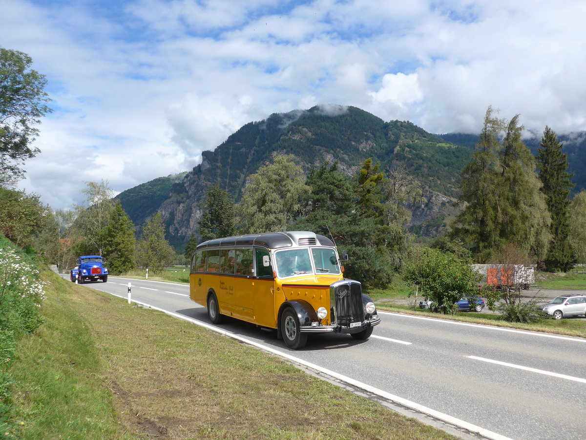 (184'825) - Catrischer, Trimmis - GR 59'391 - Saurer/Gangloff (ex Volkart, Zollikon; ex Funi-Car, Biel; ex M+79'534; ex P 23'126) am 16. September 2017 in Cazis, Bndner Arena