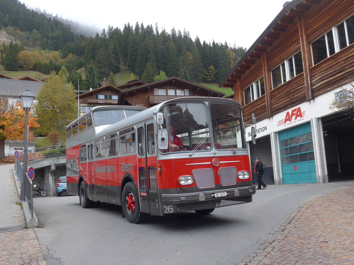 (185'811) - Huselmann, Bern - Nr. 26/BE 9475 - FBW/Vetter-R&J Anderthalbdecker (ex AFA Adelboden Nr. 9) am 8. Oktober 2017 in Adelboden, Busstation