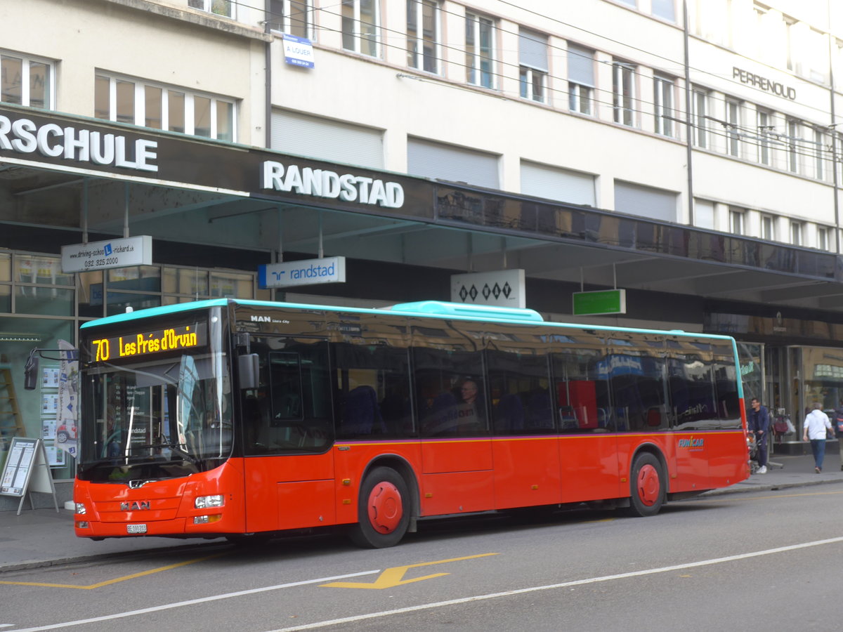 (185'999) - Funi-Car, Biel - Nr. 3/BE 100'203 - MAN am 21. Oktober 2017 beim Bahnhof Biel