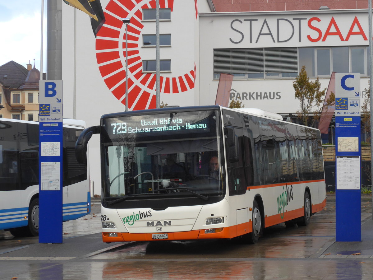 (186'118) - Regiobus, Gossau - Nr. 28/SG 356'028 - MAN am 27. Oktober 2017 beim Bahnhof Wil