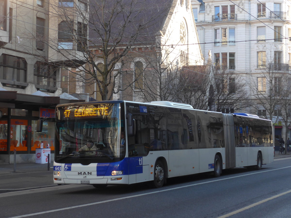 (187'152) - TL Lausanne - Nr. 643/VD 293'630 - MAN am 23. Dezember 2017 in Lausanne, Chauderon