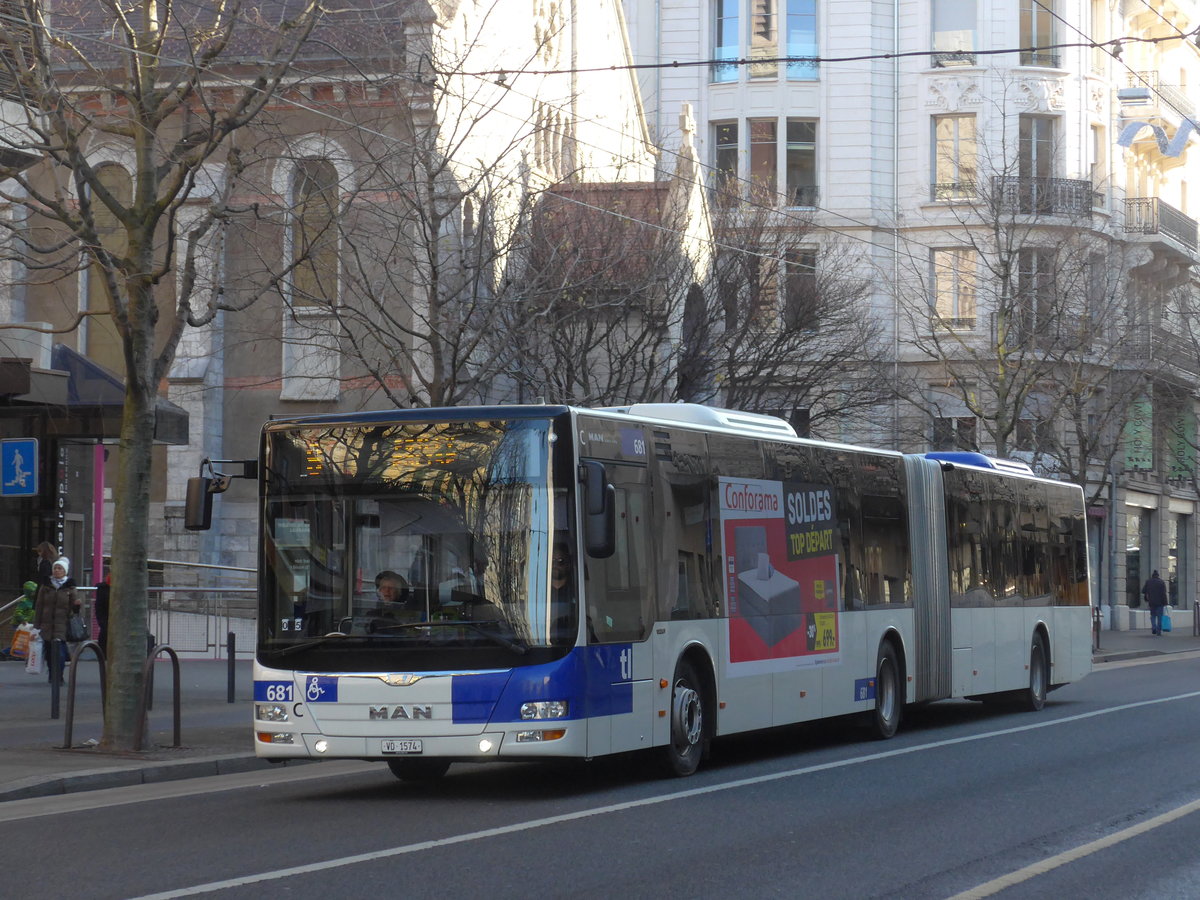 (187'175) - TL Lausanne - Nr. 681/VD 1574 - MAN am 23. Dezember 2017 in Lausanne, Chauderon