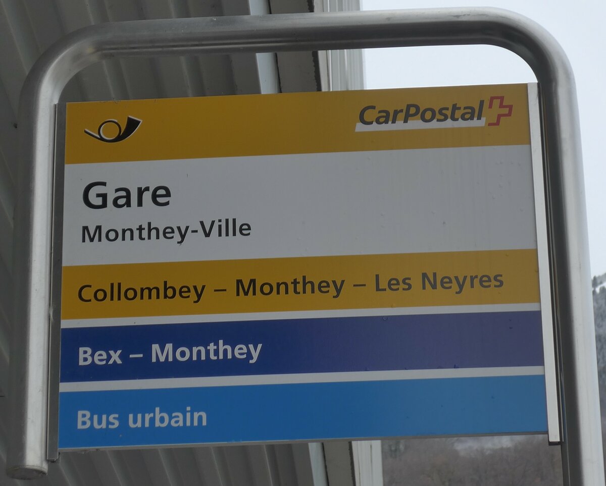 (188'014) - PostAuto/Bus urbain-Haltestellenschild - Monthey-Ville, Gare - am 20. Januar 2018