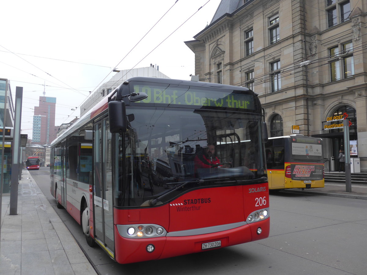 (188'336) - SW Winterthur - Nr. 206/ZH 730'206 - Solaris am 8. Februar 2018 beim Hauptbahnhof Winterthur