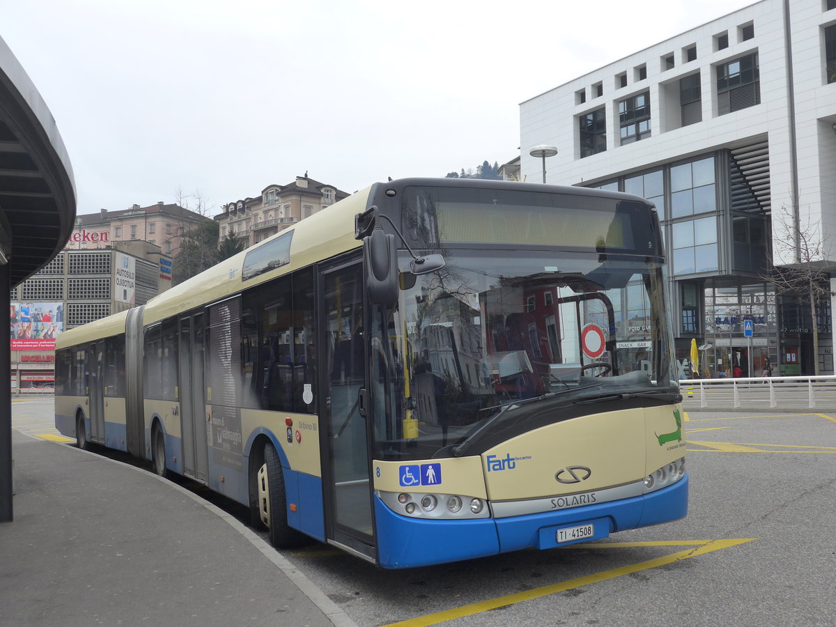 (188'822) - FART Locarno - Nr. 8/TI 41'508 - Solaris am 17. Februar 2018 beim Bahnhof Locarno