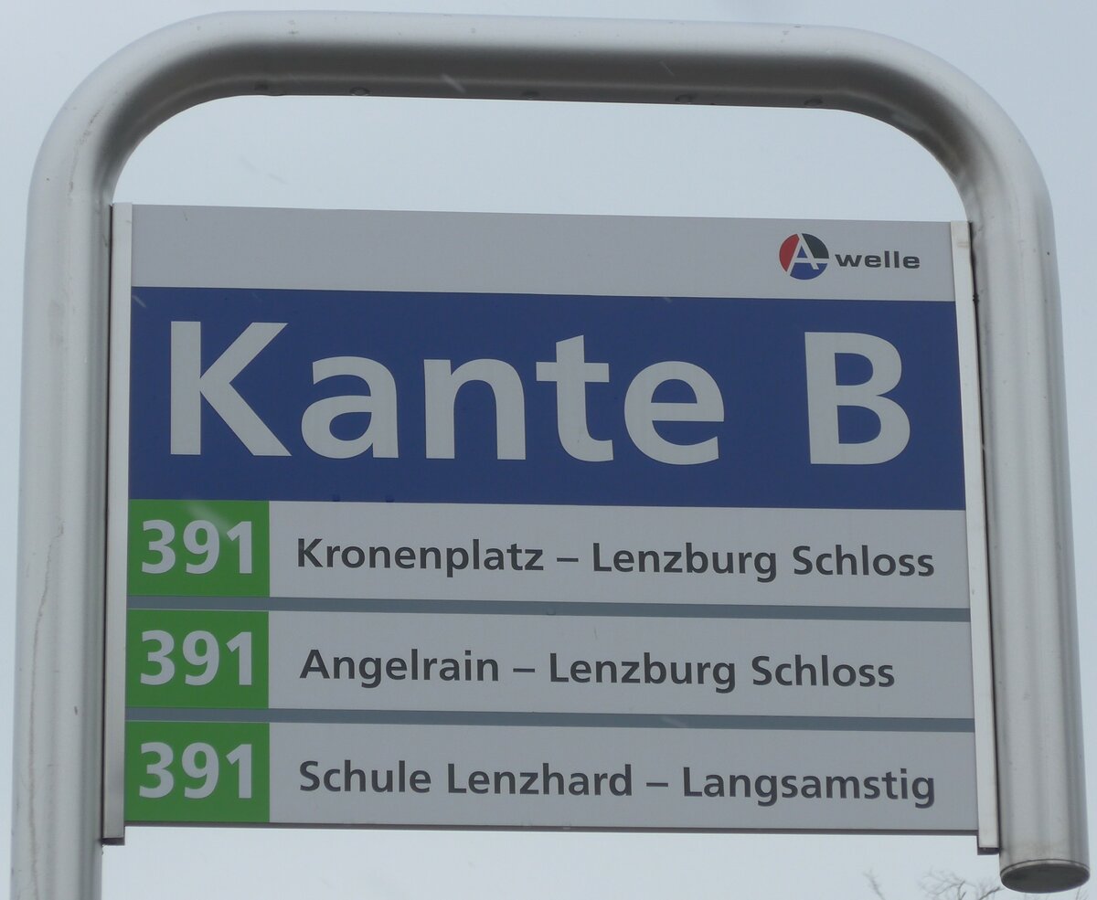 (189'531) - A-welle-Haltestellenschild - Lenzburg, Bahnhof - am 19. Mrz 2018