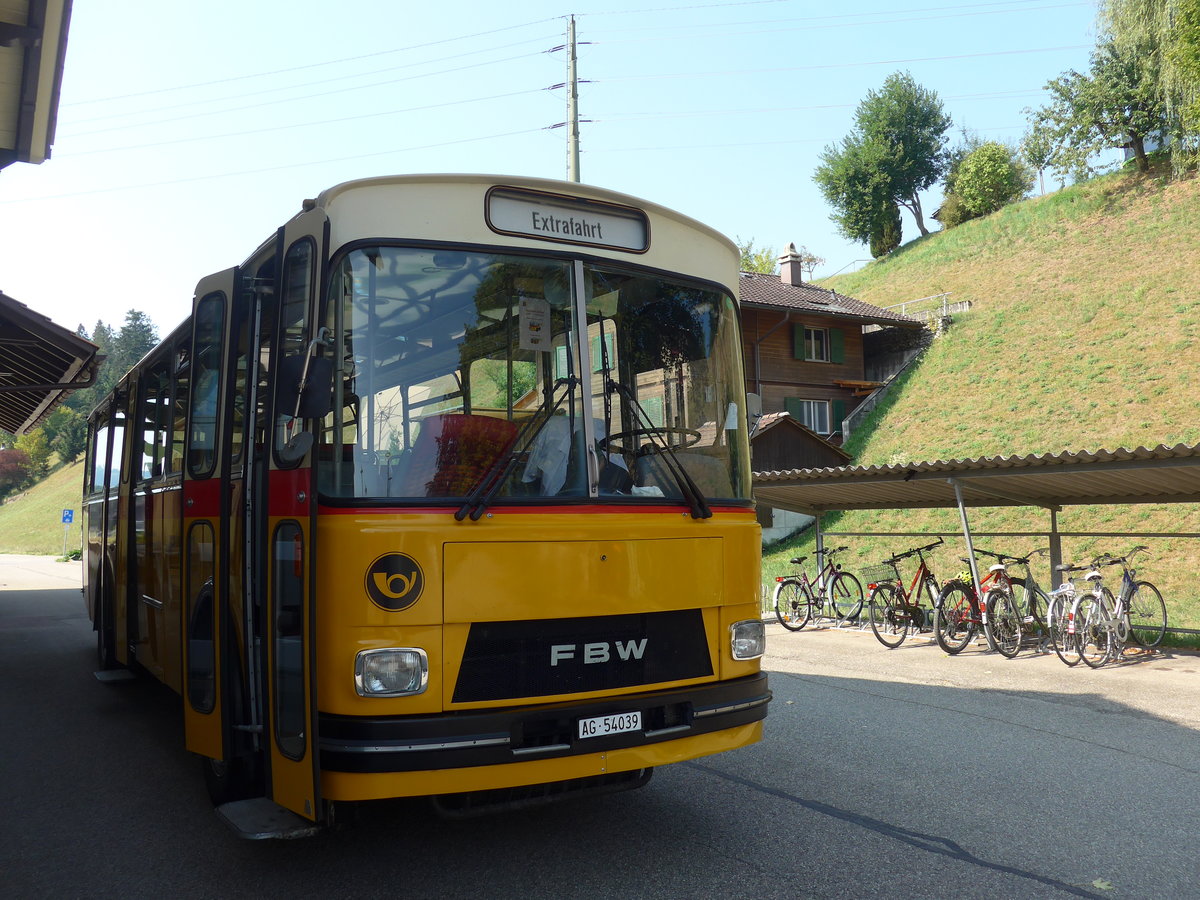 (195'556) - Birchler, Remetschwil - AG 54'039 - FBW/Tscher (ex Gerber, Winkel; ex Eggenberger, Mriken; ex Tanner, Bubendorf; ex P 24'803) am 5. August 2018 beim Bahnhof Emmenmatt