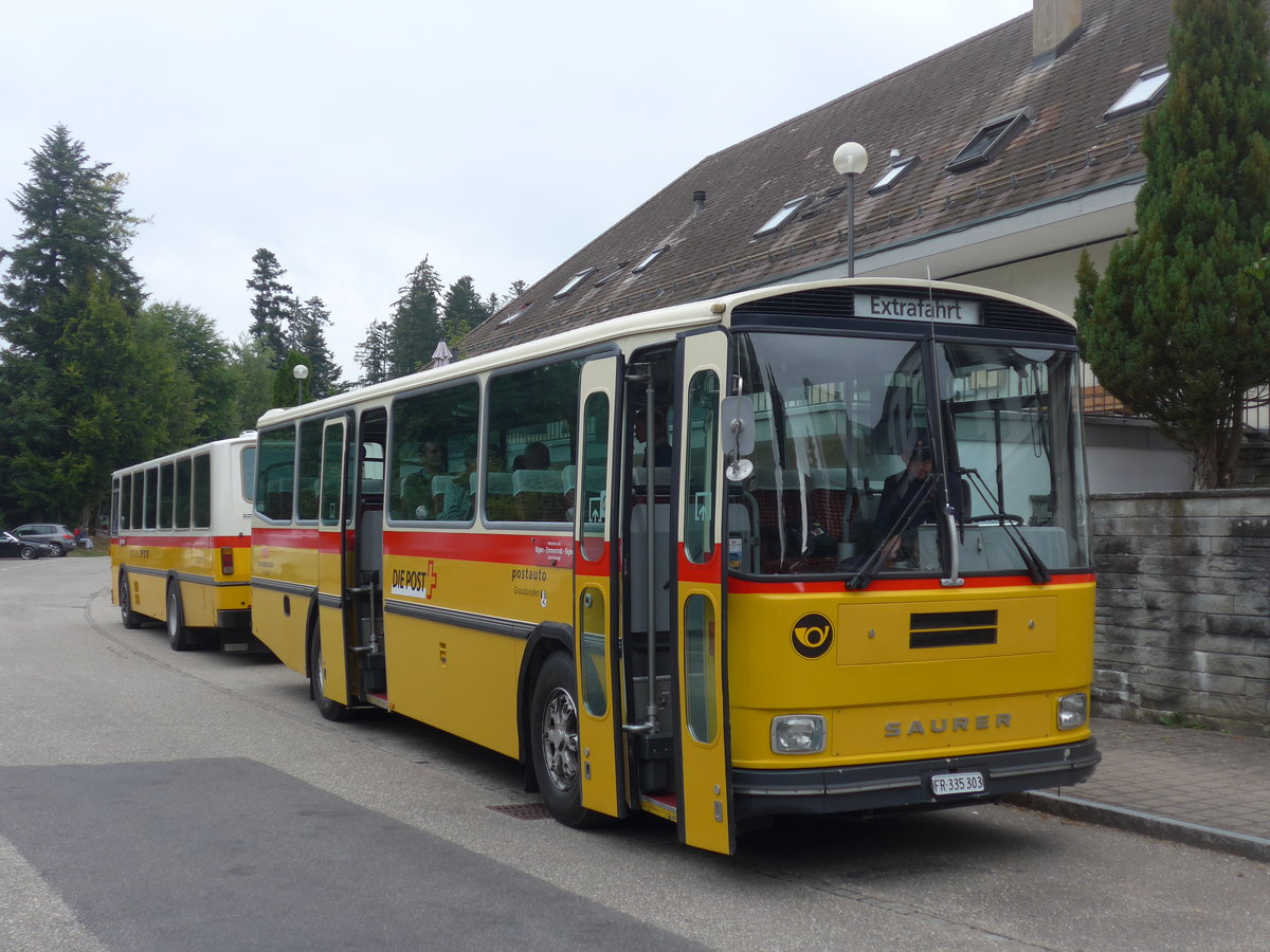 (196'383) - Eichenberger, Bsingen - FR 335'303 - Saurer/R&J (ex Schlapp, Cottens; ex Ruklic, Schaffhausen; ex Heim, Flums; ex Frigg, Zernez; ex P 24'279) am 2. September 2018 in Emmenmatt, Moosegg