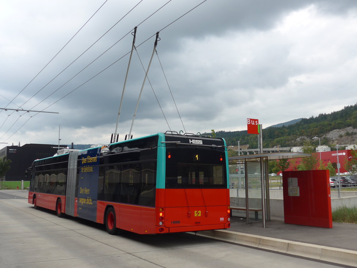 (196'484) - VB Biel - Nr. 99 - Hess/Hess Gelenktrolleybus am 3. September 2018 in Biel, Stadien