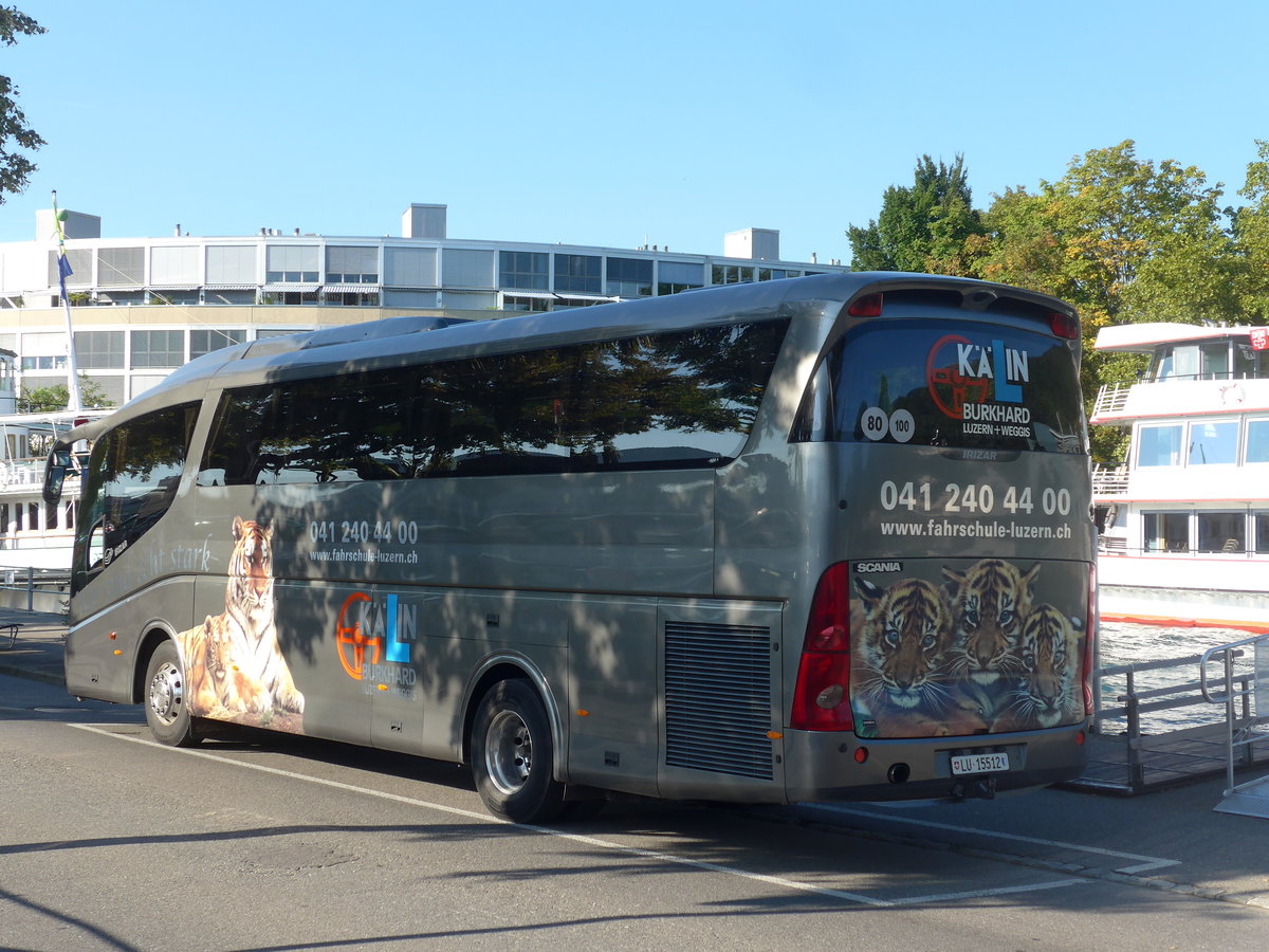 (196'617) - Klin+Burkhard, Luzern - LU 15'512 - Scania/Irizar am 8. September 2018 bei der Schifflndte Thun