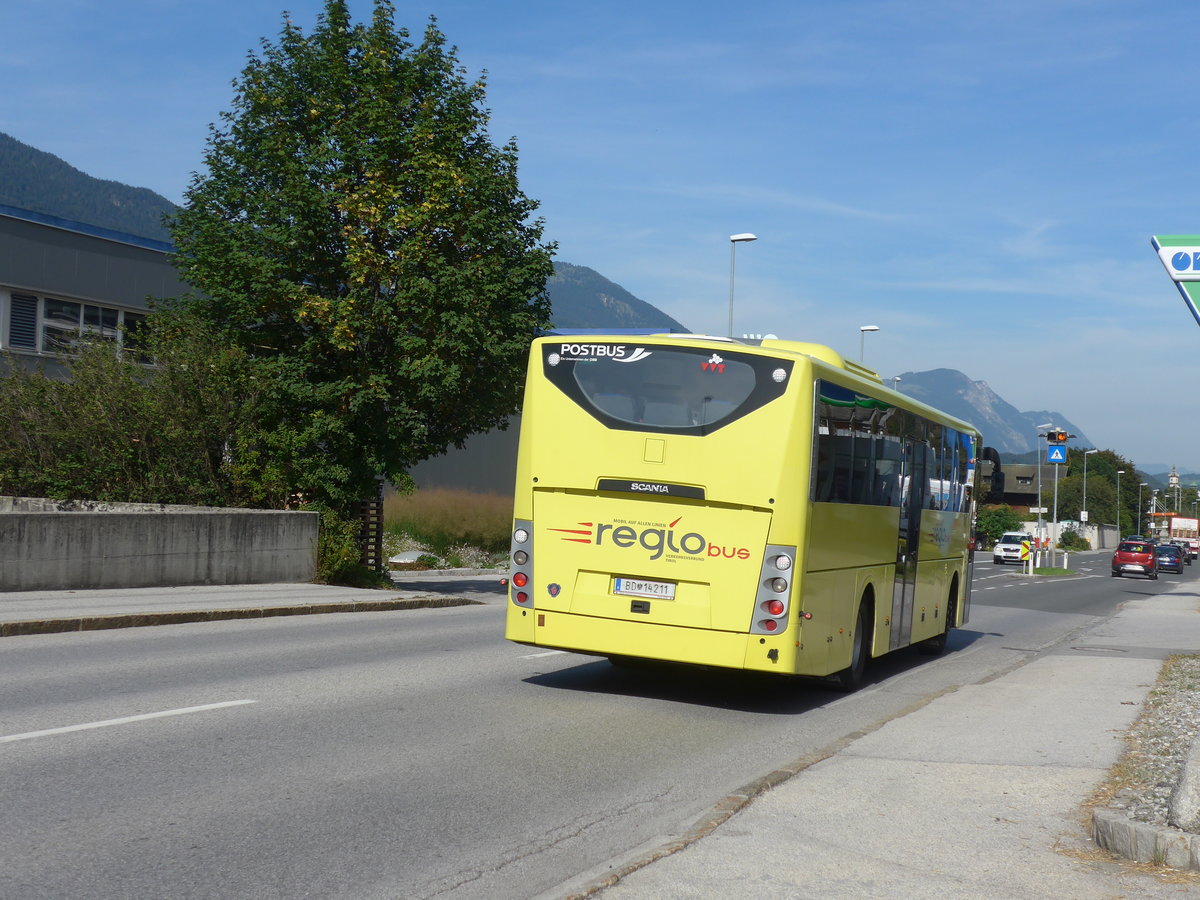 (196'822) - PostBus - BD 14'211 - Scania am 11. September 2018 in Brixlegg, Innsbrucker Strasse