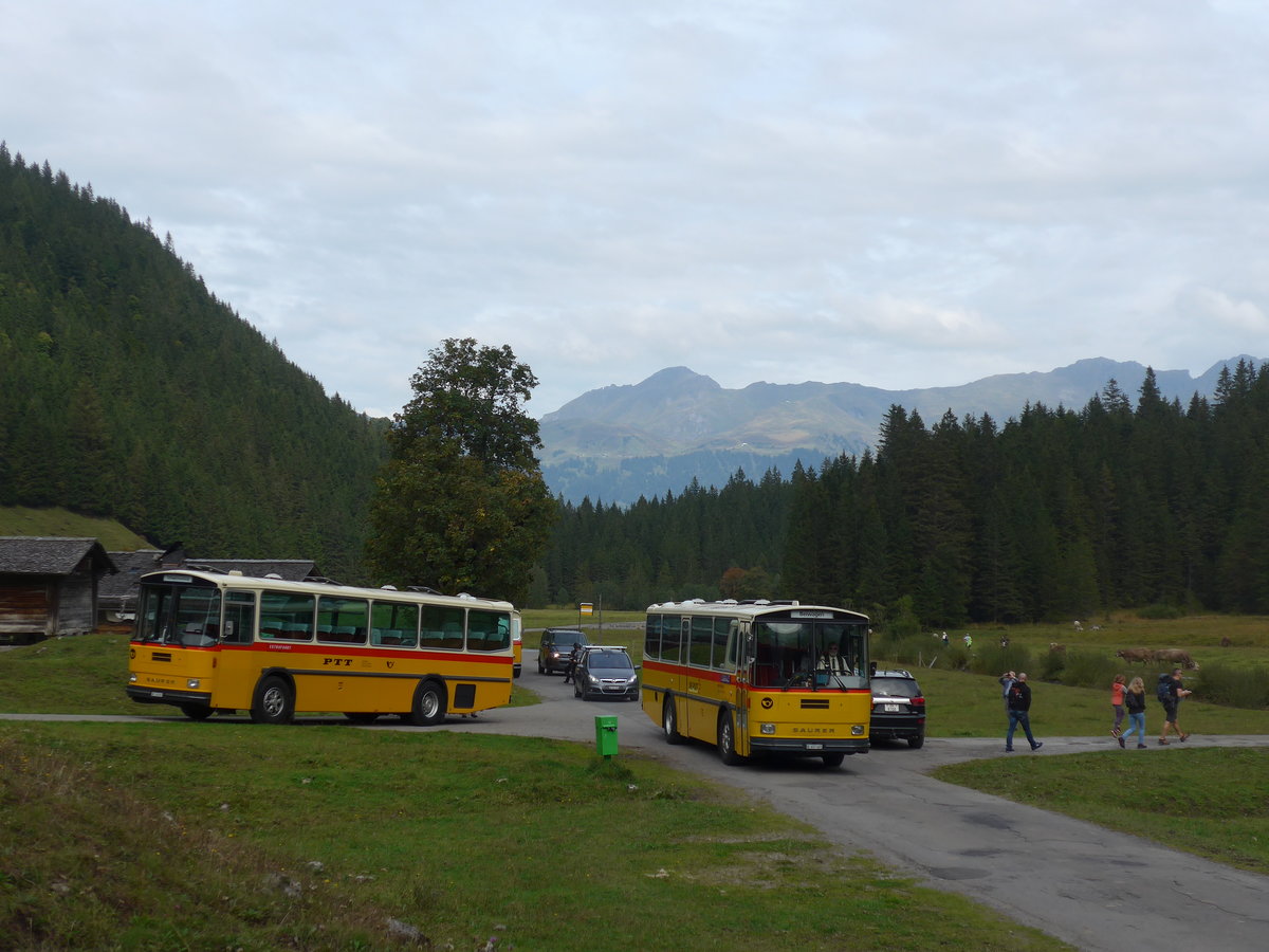 (197'782) - Schmid, Thrishaus - BE 26'206 - Saurer/Tscher (ex P 24'244) + AVG Meiringen - Nr. 74/BE 607'481 - Saurer/R&J (ex PostAuto Berner Oberland; ex P 24'357) am 16. September 2018 in Gschwandtenmaad