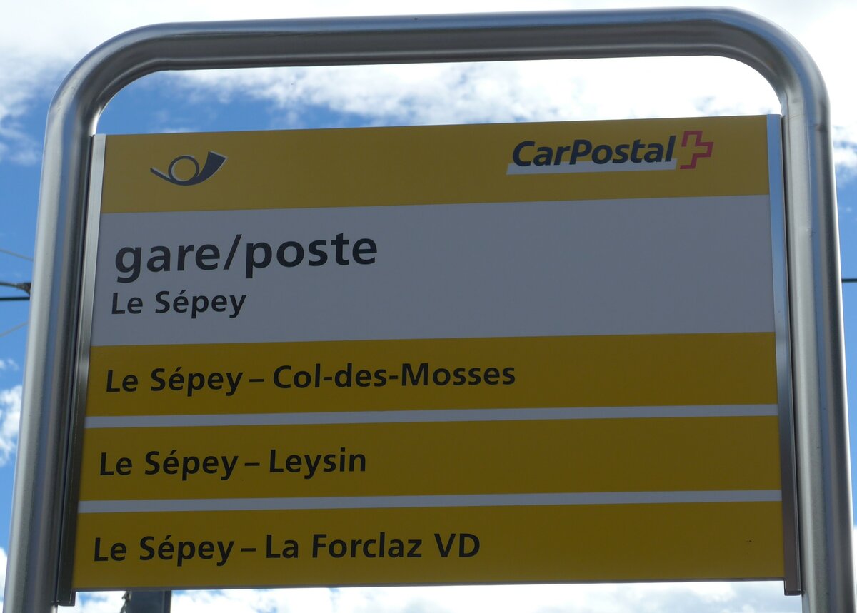 (197'950) - PostAuto-Haltestellenschild - Le Spey, gare/poste - am 23. September 2018