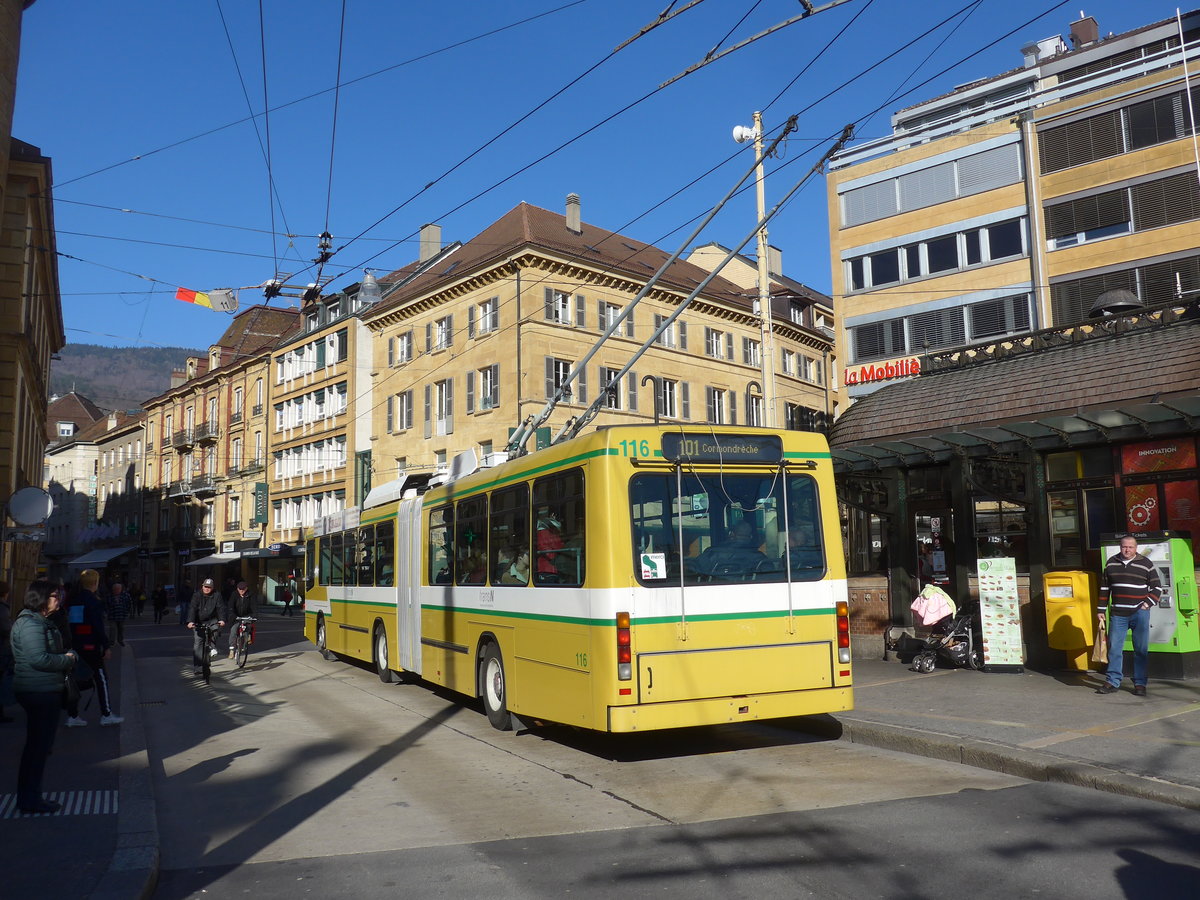 (201'641) - transN, La Chaux-de-Fonds - Nr. 116 - NAW/Hess Gelenktrolleybus (ex TN Neuchtel Nr. 116) am 16. Februar 2019 in Neuchtel, Place Pury