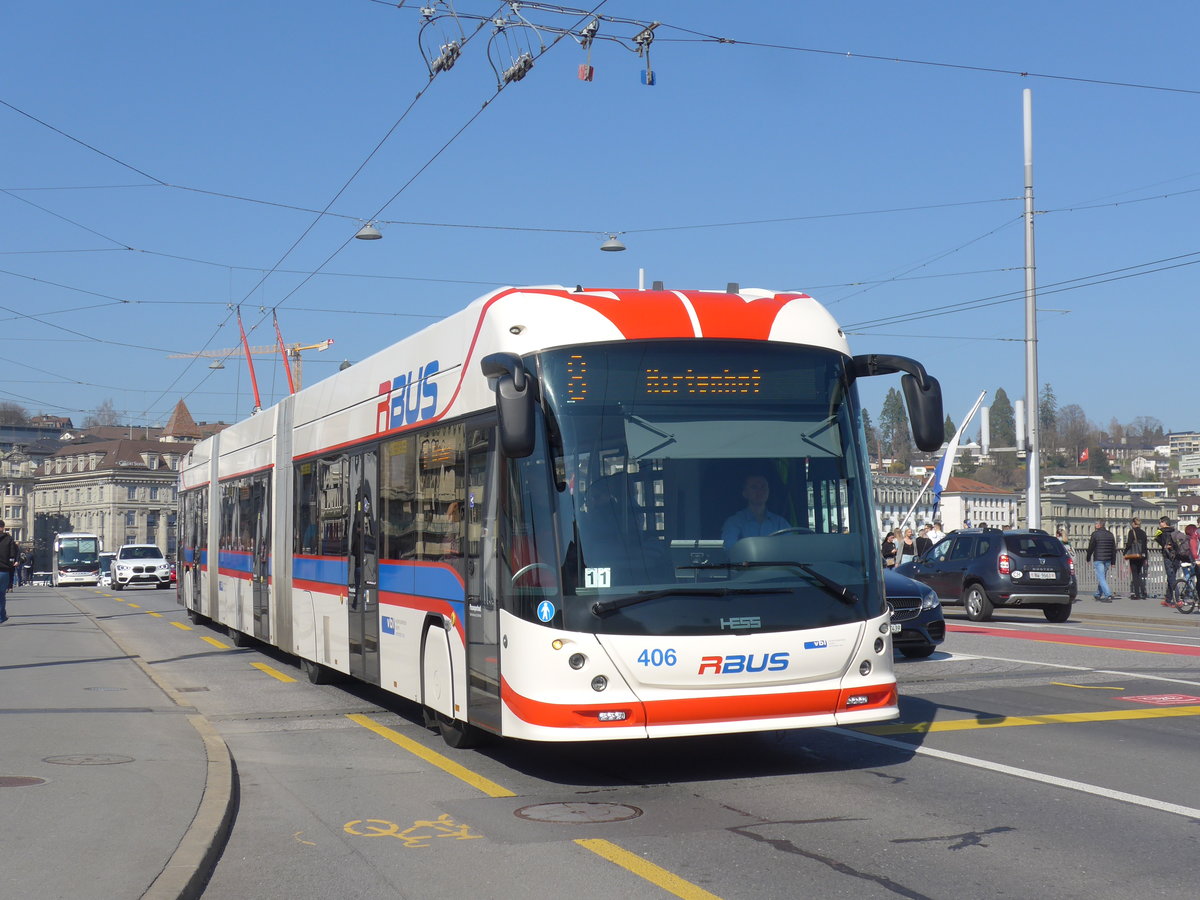 (203'013) - VBL Luzern - Nr. 406 - Hess/Hess Doppelgelenktrolleybus am 23. Mrz 2019 in Luzern, Bahnhofbrcke