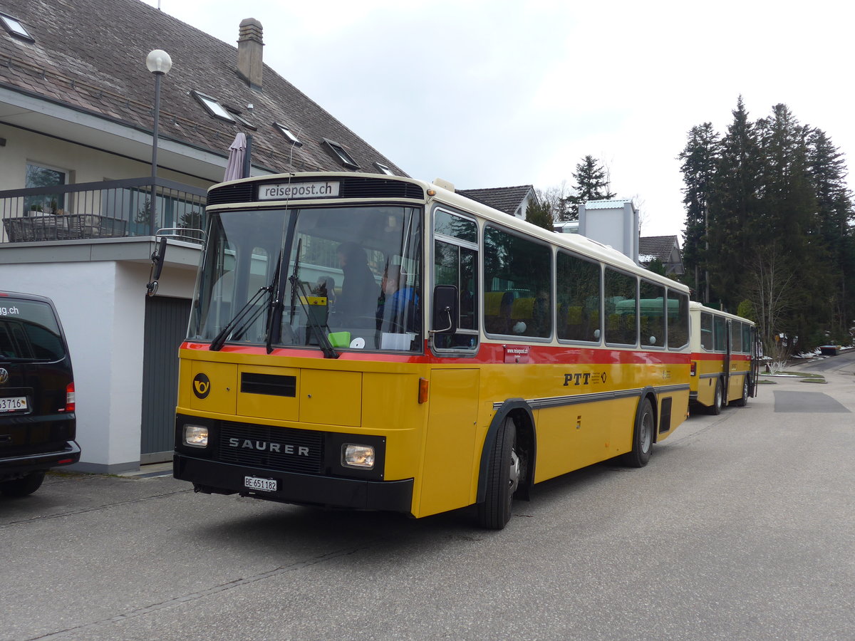 (203'484) - Bernair, Mnsingen - BE 651'182 - Saurer/Tscher (ex Schebath, Lauerz; ex Albin, Fllanden; ex Heim, Flums) am 7. April 2019 in Emmenmatt, Moosegg