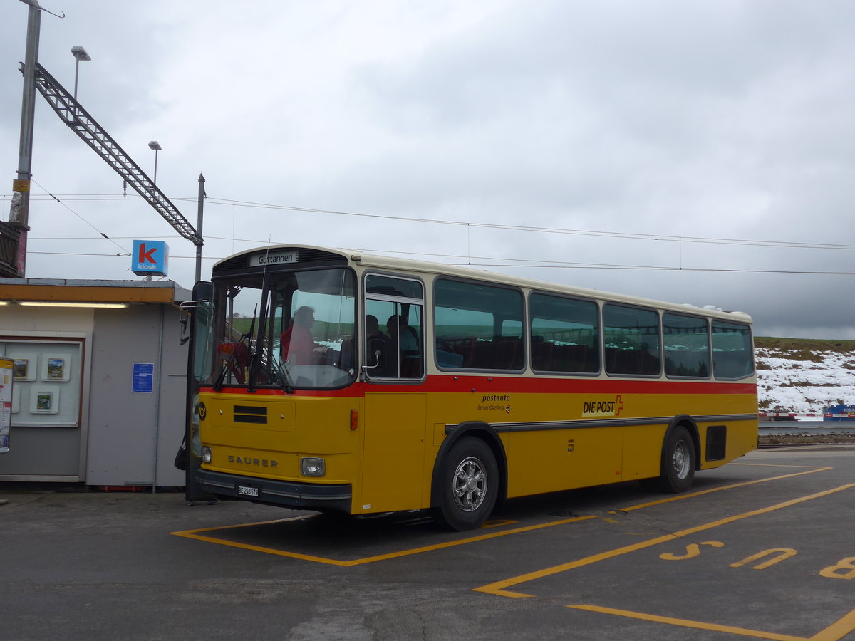 (203'486) - Krummenacher, Zillis - Nr. 74/BE 243'579 - Saurer/R&J (ex AVG Meiringen Nr. 74; ex PostAuto Berner Oberland; ex P 24'357) am 7. April 2019 beim Bahnhof Biglen