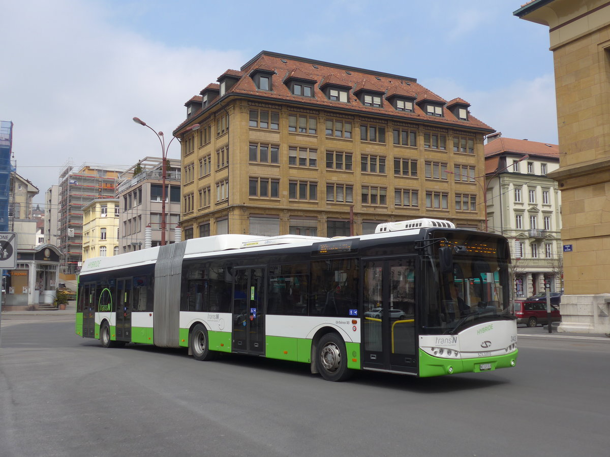 (203'604) - transN, La Chaux-de-Fonds - Nr. 343/NE 145'343 - Solaris am 13. April 2019 beim Bahnhof La Chaux-de-Fonds