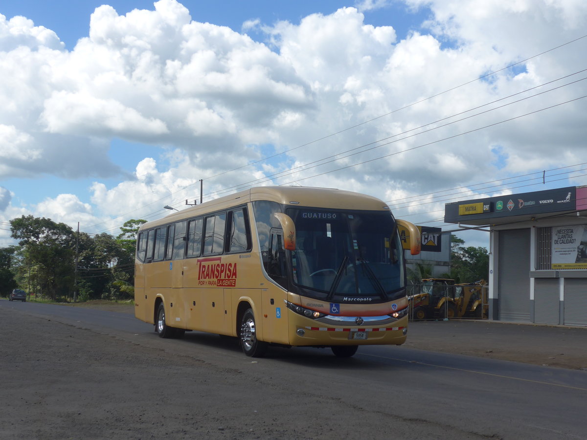 (212'218) - Transpisa, Quesada - 5958 - Marcopolo/Scania am 23. November 2019 in Upala, Tankstelle