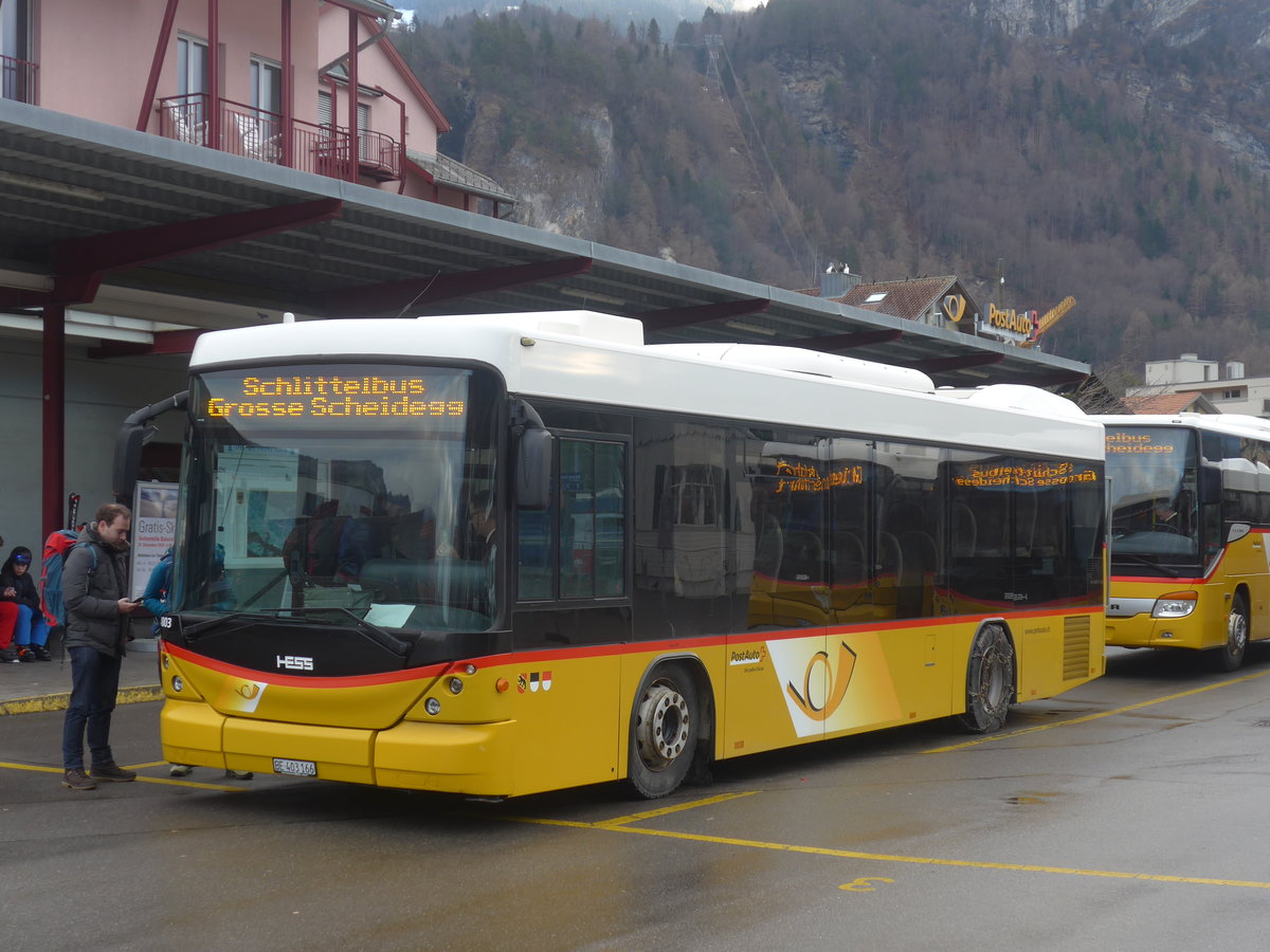 (213'391) - PostAuto Bern - BE 403'166 - Scania/Hess (ex AVG Meiringen Nr. 66; ex Steiner, Messen) am 5. Januar 2020 in Meiringen, Postautostation