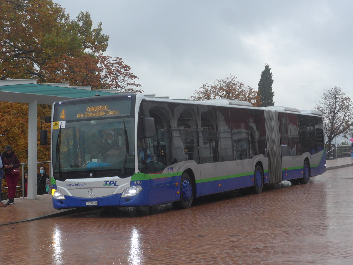 (222'555) - TPL Lugano - Nr. 440/TI 297'007 - Mercedes am 23. Oktober 2020 beim Bahnhof Lugano