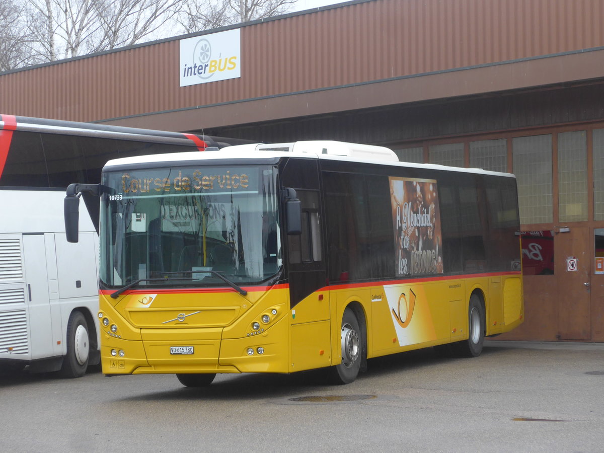 (224'212) - CarPostal Ouest - VD 615'780 - Volvo (ex Favre, Avenches) am 14. Mrz 2021 in Yverdon, Garage