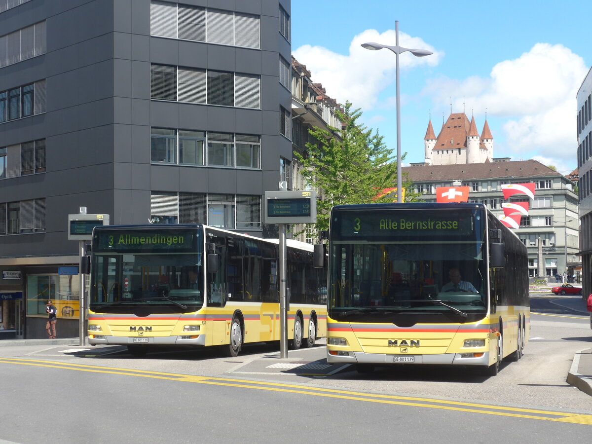 (225'603) - STI Thun - Nr. 138/BE 801'138 + Nr. 139/BE 801'139 - MAN am 23. Mai 2021 beim Bahnhof Thun