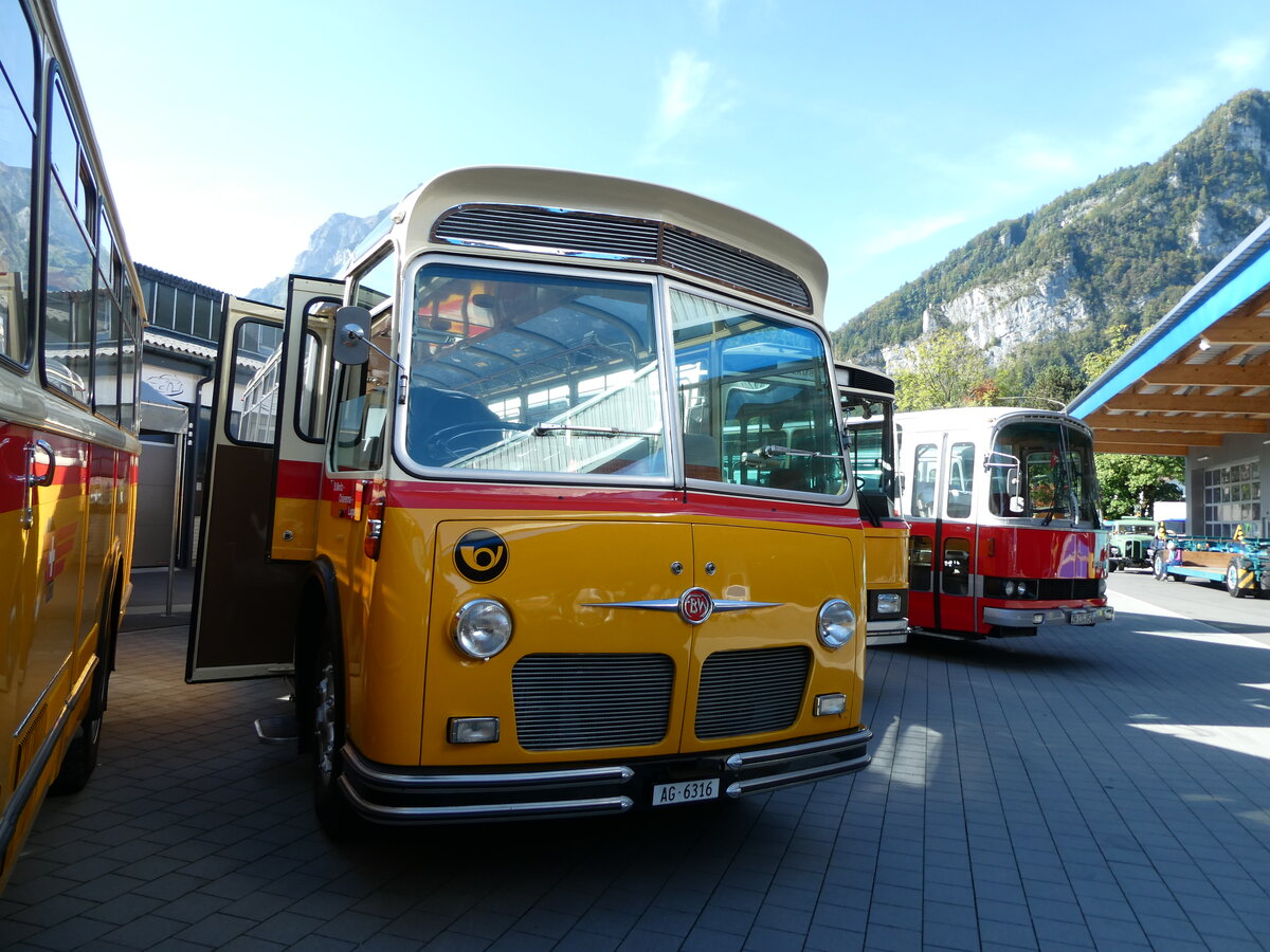 (228'554) - Stutz, Jonen - AG 6316 - FBW/Gangloff (ex Londonbus, Holziken; ex Furter, Oberentfelden; ex P 24'167) am 2. Oktober 2021 in Nfels, FBW-Museum