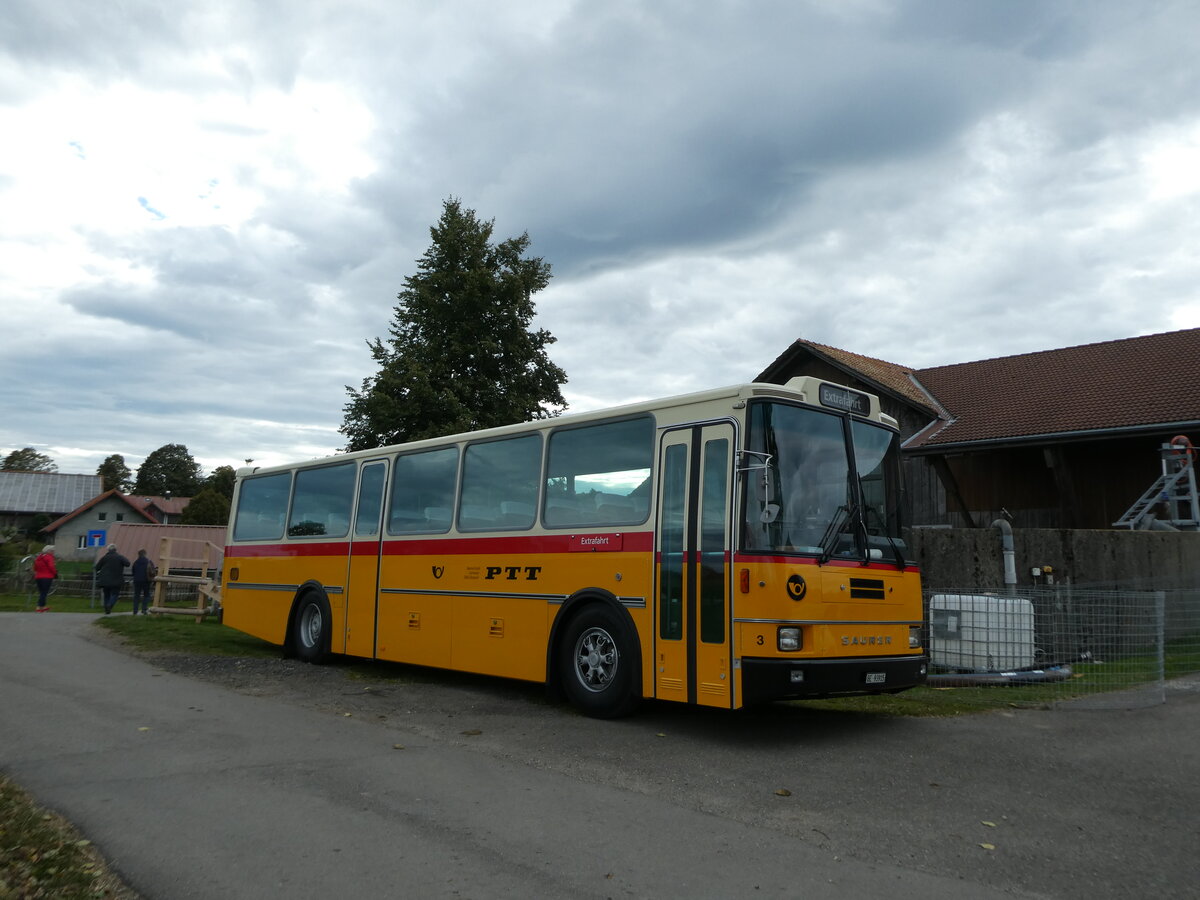 (228'635) - Kolb, Grasswil - Nr. 3/BE 93'915 - Saurer/R&J (ex Schmocker, Stechelberg Nr. 3; ex Schmocker, Stechelberg Nr. 1; ex Gertsch, Stechelberg Nr. 1) am 3. Oktober 2021 in Tramelan, Scheidegger-Ranch