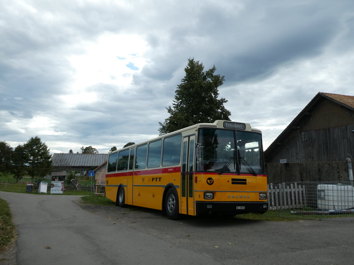 (228'640) - Kolb, Grasswil - Nr. 3/BE 93'915 - Saurer/R&J (ex Schmocker, Stechelberg Nr. 3; ex Schmocker, Stechelberg Nr. 1; ex Gertsch, Stechelberg Nr. 1) am 3. Oktober 2021 in Tramelan, Scheidegger-Ranch