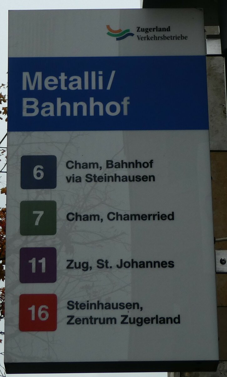 (229'604) - Zugerland Verkehrsbetriebe-Haltestellenschild - Zug, Metalli/Bahnhof - am 22. Oktober 2021