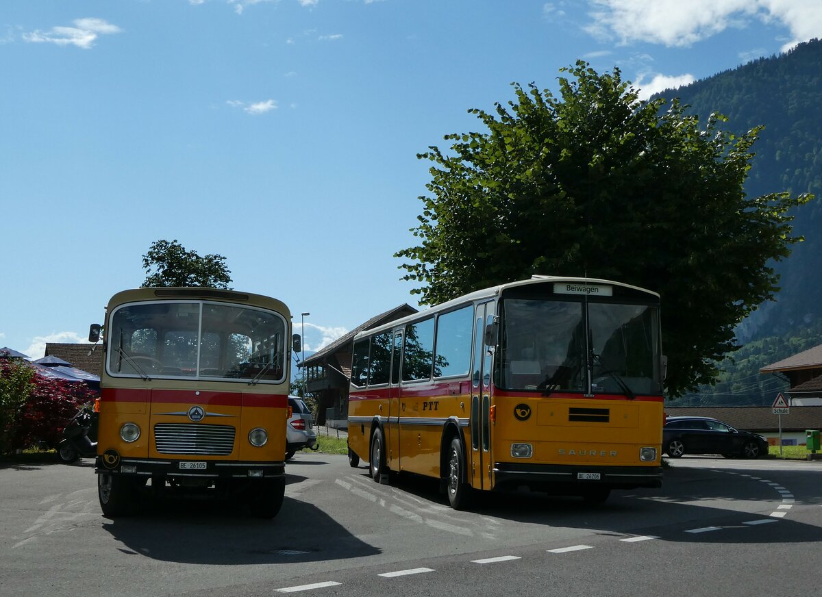 (237'558) - Schmid, Thrishaus - Nr. 9/BE 26'105 - Saurer/R&J (ex Geiger, Adelboden Nr. 9) + BE 26'206 - Saurer/Tscher (ex P 24'244) am 26. Juni 2022 in Niederstocken, Gasthof zum Stockhorn